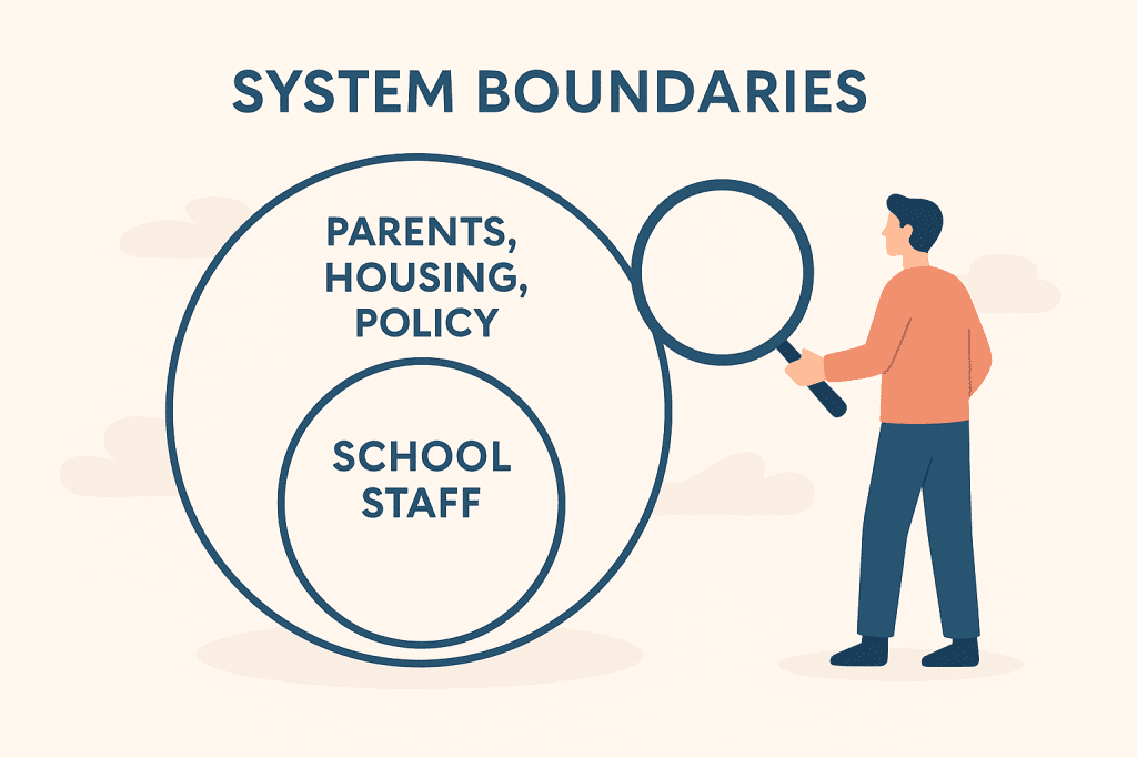 A diagram illustrating system boundaries. A large outer circle contains the text "PARENTS, HOUSING, POLICY." Inside this, a smaller inner circle contains "SCHOOL STAFF." To the right, a stylized person holds a large magnifying glass, looking towards the circles. The overall title is "SYSTEM BOUNDARIES."